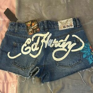 Ed Hardy Medium-Dark Wash Jean Shorts with Distressed Edges